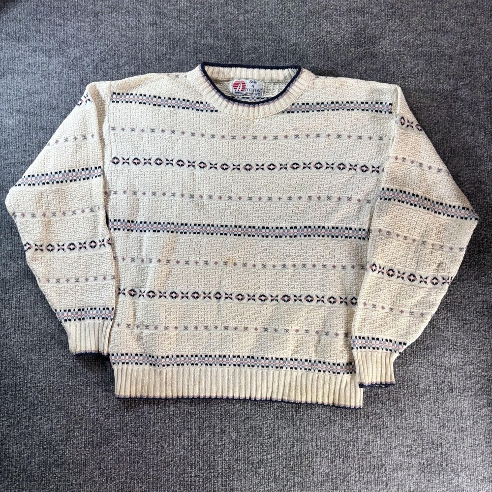 Vintage Isle Of Cotton Sweater Mens Medium White Stripe Waffle Knit Crewneck USA